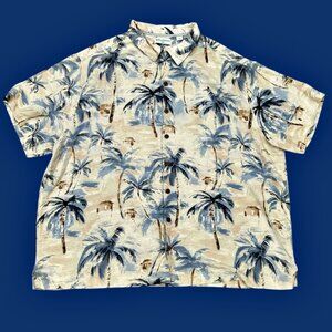 Caribbean SILK Mens Hawaiian Shirt Size 3XB Tan Blue Palm Trees Tropical Camp